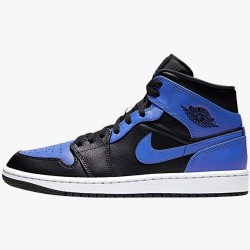 Women's/Men's Nike Jordan 1 Mid Hyper Royal Tumbled Leather Black/Hyper Royal-White Jordan Shoes