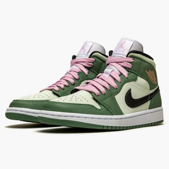 Womens Nike Jordan 1 Mid SE Dutch Green Dutch Green/Black/Barely Green/Arctic Pink Jordan Shoes