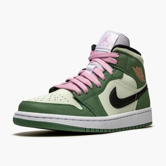 Womens Nike Jordan 1 Mid SE Dutch Green Dutch Green/Black/Barely Green/Arctic Pink Jordan Shoes