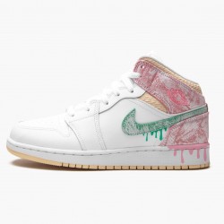 Women's Nike Jordan 1 Mid SE GS Ice Cream White/Arctic Punch/Pale Vanilla/Green Glow Jordan Shoes