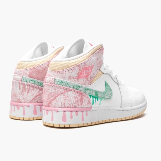 Womens Nike Jordan 1 Mid SE GS Ice Cream White/Arctic Punch/Pale Vanilla/Green Glow Jordan Shoes