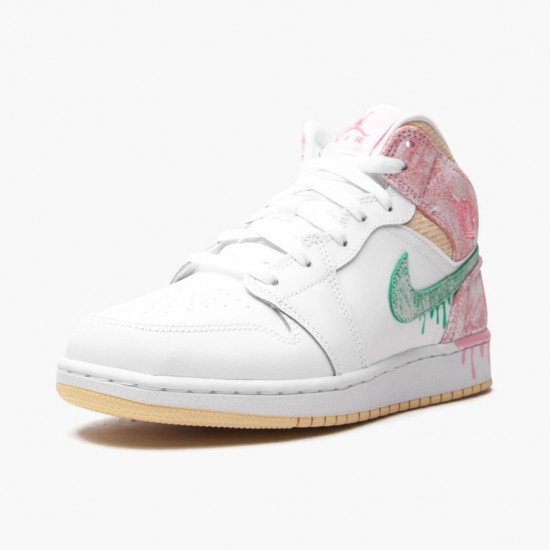 Womens Nike Jordan 1 Mid SE GS Ice Cream White/Arctic Punch/Pale Vanilla/Green Glow Jordan Shoes