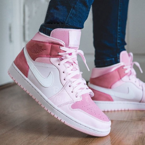 Womens Nike Jordan 1 Mid Digital Pink Digital Pink/White Pink/Foam Sail Jordan Shoes