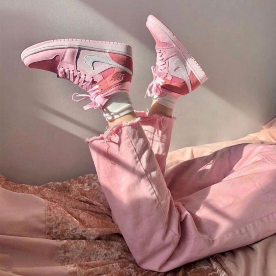 Womens Nike Jordan 1 Mid Digital Pink Digital Pink/White Pink/Foam Sail Jordan Shoes