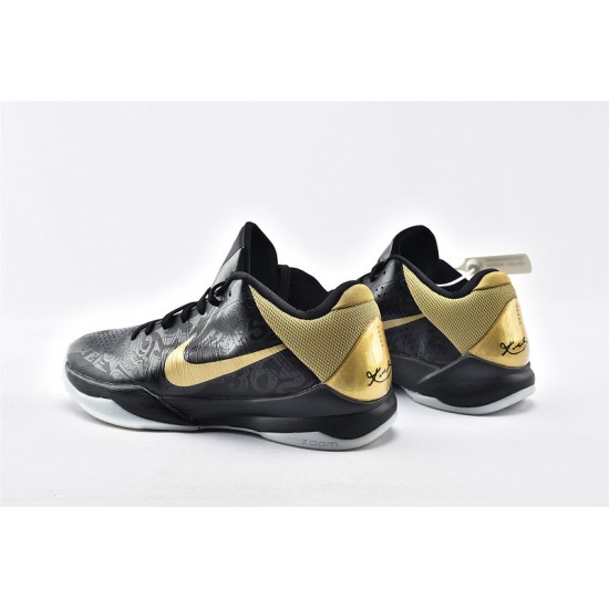 Nike Zoom Kobe 5 Black Metallic Gold White Basketball Shoes Mens 386429 008